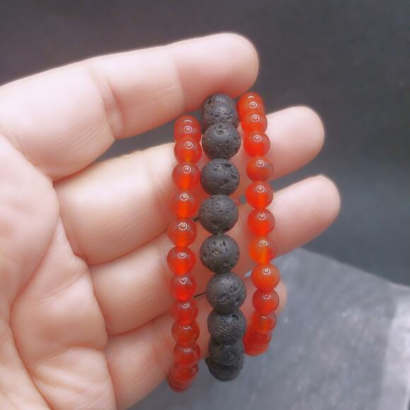 Artisan Carnelian Beaded Bracelet Trio Gemstone Stretch Lava Stones Diffuser NEW - Picture 3 of 13